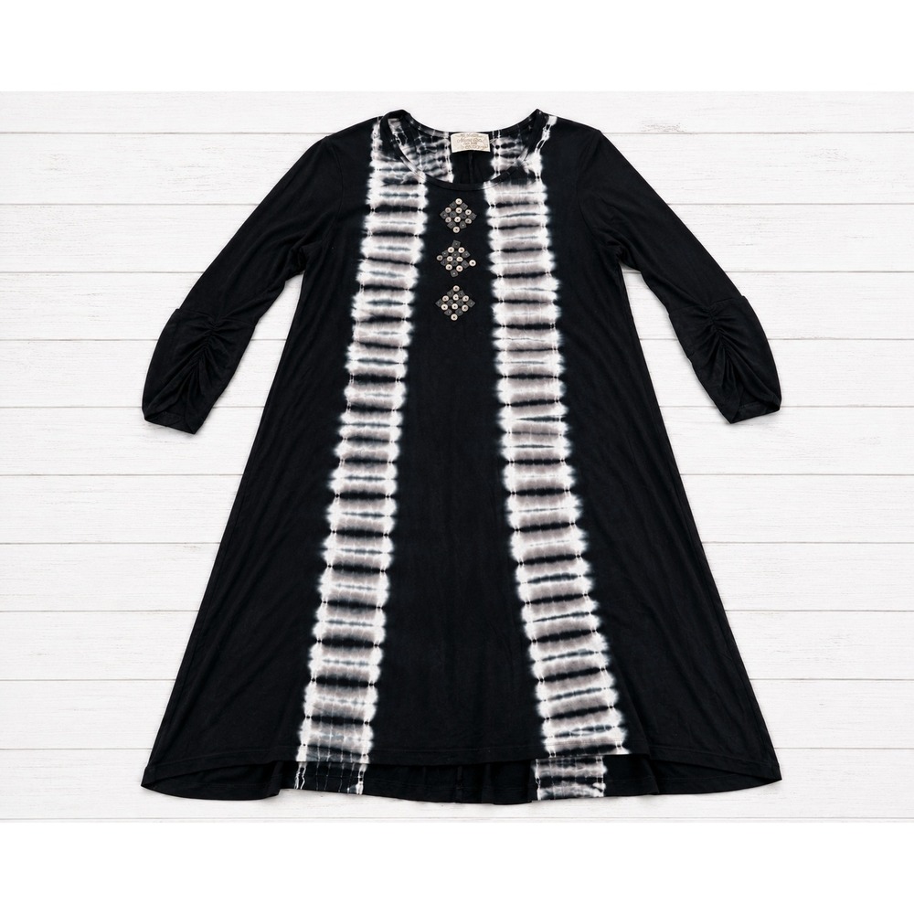 Nature Art Lynn Yang Tie Dye Tunic Top/Dress Beaded Boho Chic Black Medium 4292